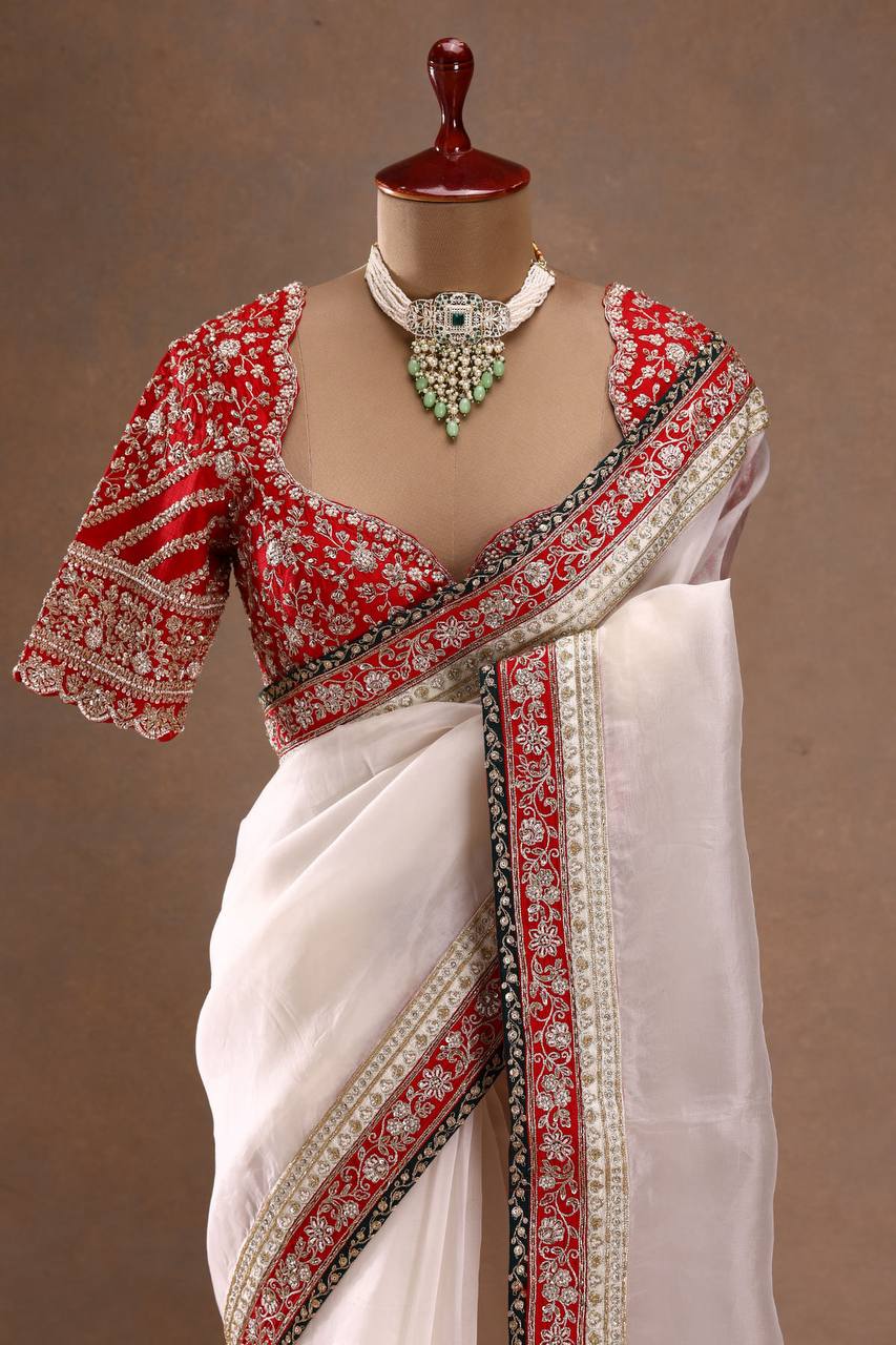 Red & Ivory Silk Saree with Heavy Floral Embroidered Border and Designer Blouse