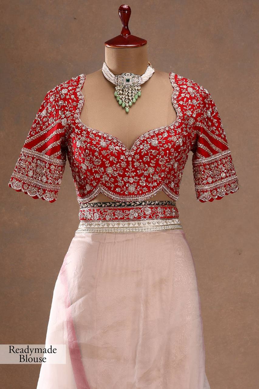 Red & Ivory Silk Saree with Heavy Floral Embroidered Border and Designer Blouse