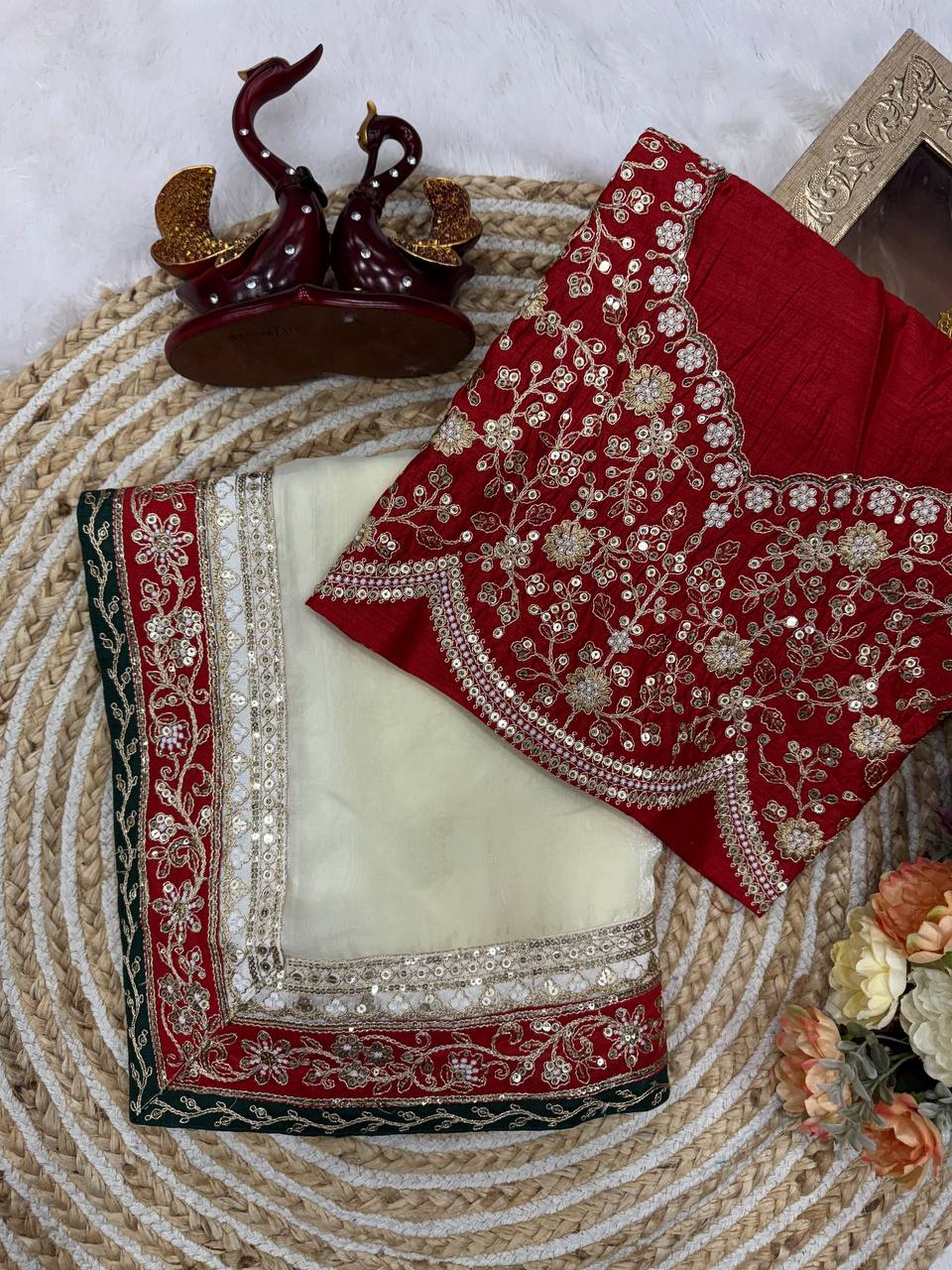 Red & Ivory Silk Saree with Heavy Floral Embroidered Border and Designer Blouse