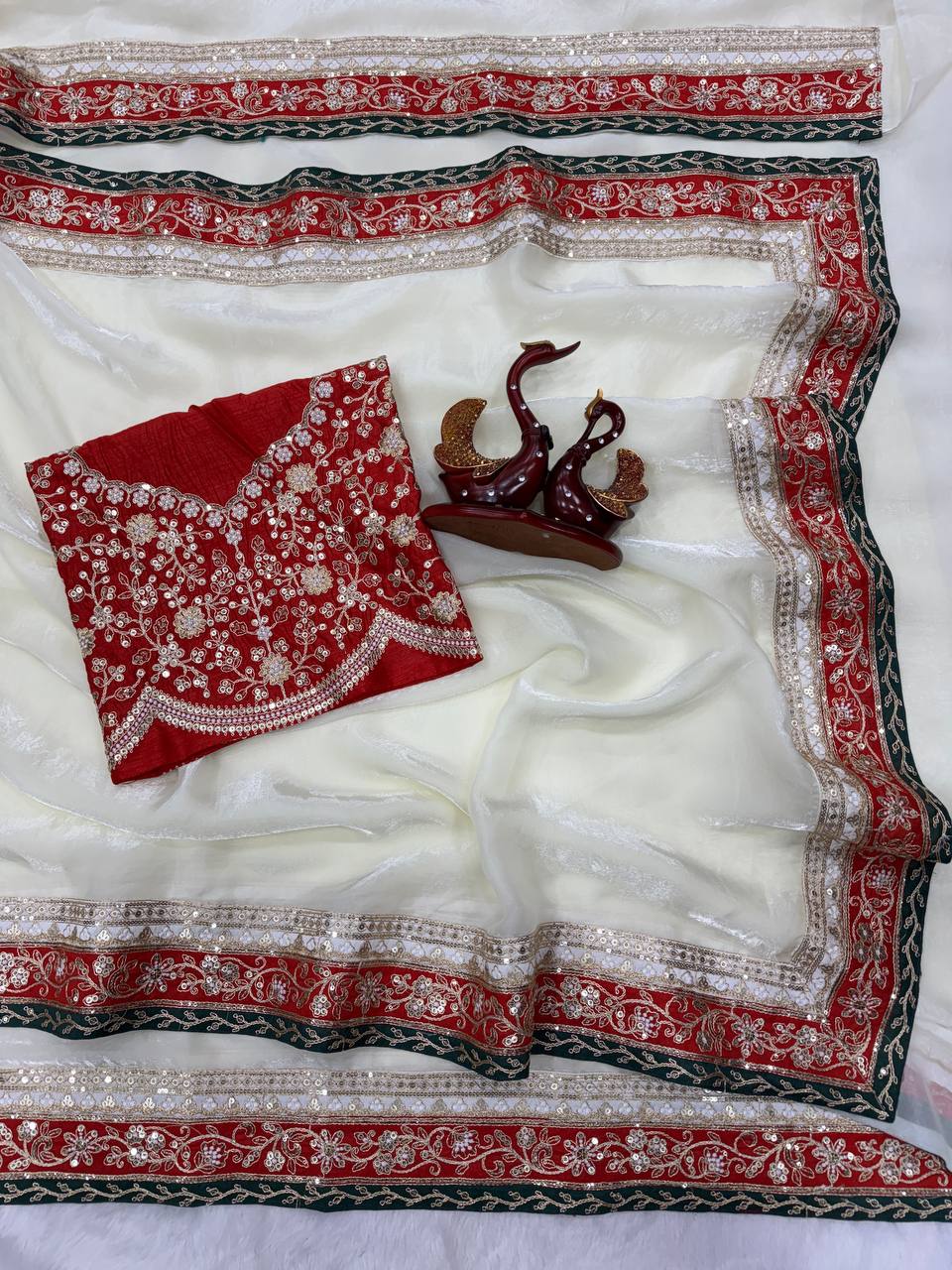 Red & Ivory Silk Saree with Heavy Floral Embroidered Border and Designer Blouse