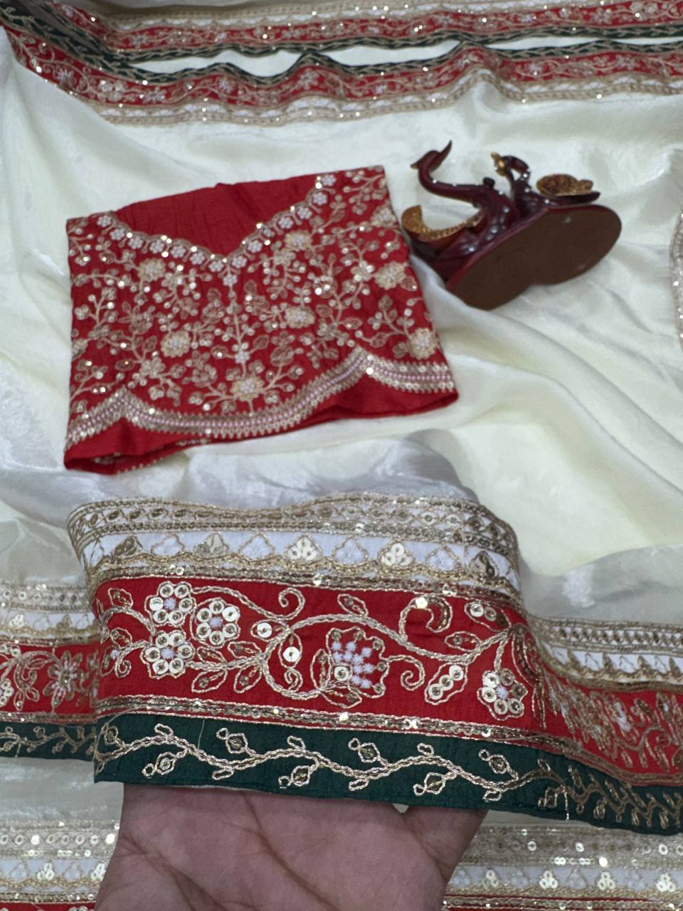 Red & Ivory Silk Saree with Heavy Floral Embroidered Border and Designer Blouse