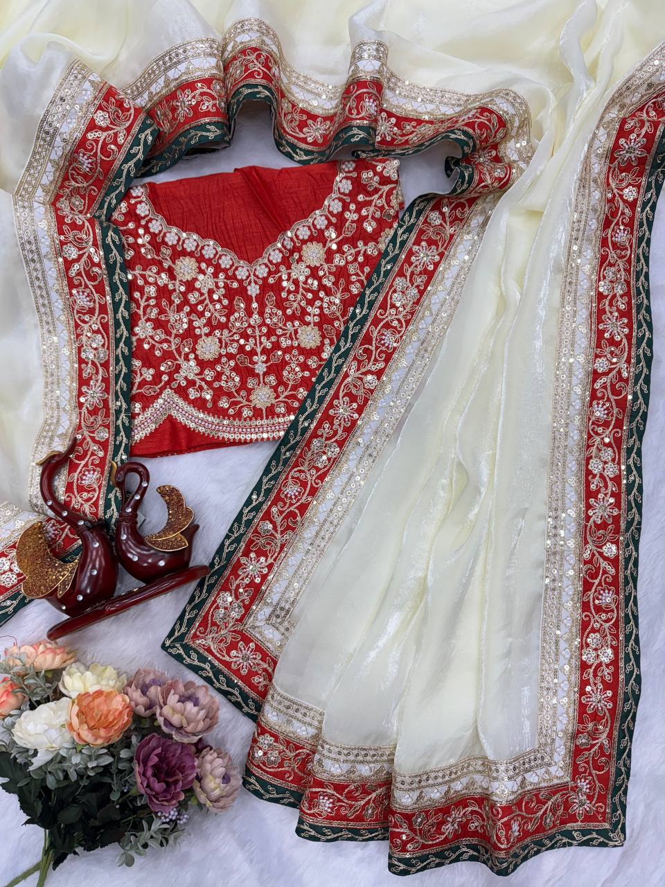 Red & Ivory Silk Saree with Heavy Floral Embroidered Border and Designer Blouse