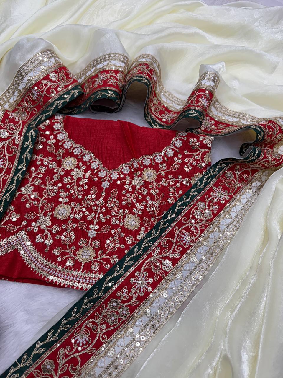 Red & Ivory Silk Saree with Heavy Floral Embroidered Border and Designer Blouse