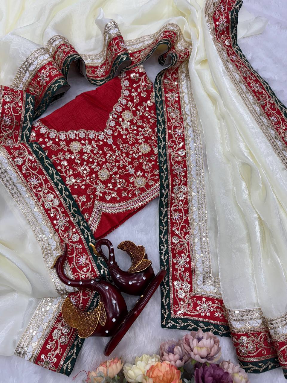 Red & Ivory Silk Saree with Heavy Floral Embroidered Border and Designer Blouse