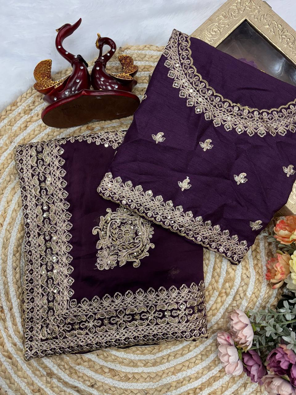 Royal Purple Silk Saree with Intricate Gold Embroidered Border & Matching Blouse