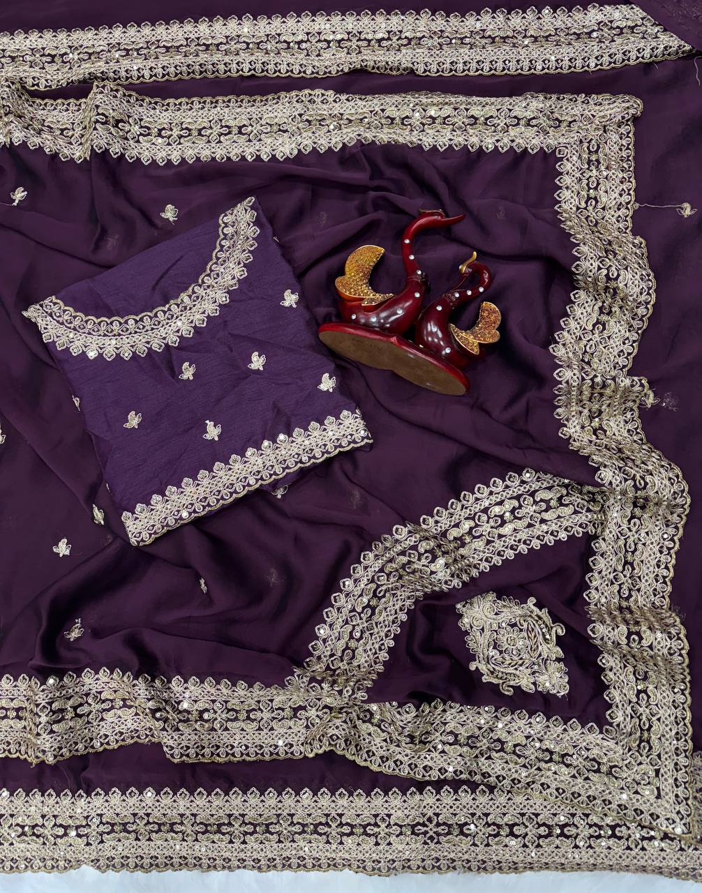 Royal Purple Silk Saree with Intricate Gold Embroidered Border & Matching Blouse