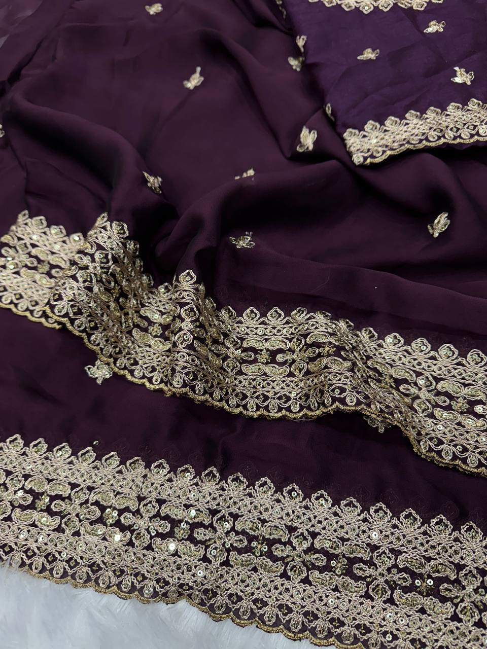 Royal Purple Silk Saree with Intricate Gold Embroidered Border & Matching Blouse