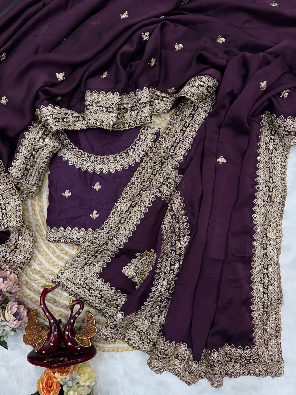 Royal Purple Silk Saree with Intricate Gold Embroidered Border & Matching Blouse