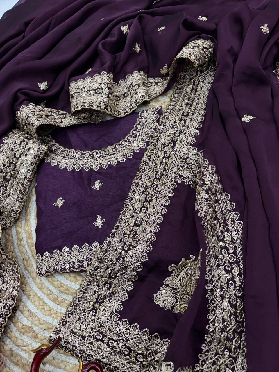 Royal Purple Silk Saree with Intricate Gold Embroidered Border & Matching Blouse