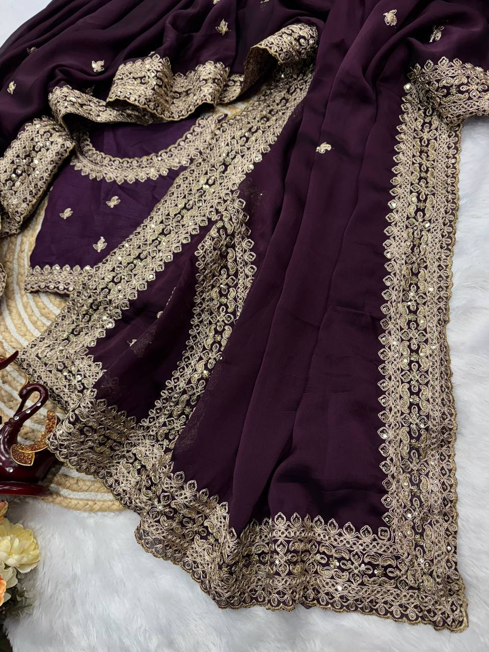 Royal Purple Silk Saree with Intricate Gold Embroidered Border & Matching Blouse