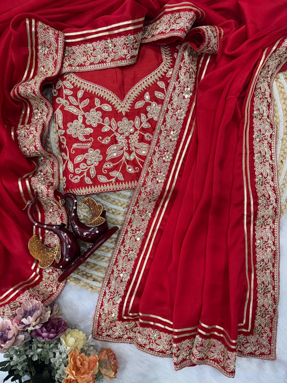 Elegant Red Silk Saree with Heavy Floral Embroidered Border & Designer Blouse