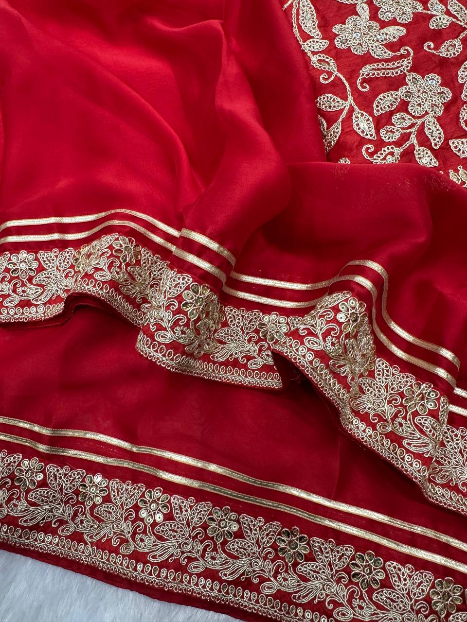 Elegant Red Silk Saree with Heavy Floral Embroidered Border & Designer Blouse