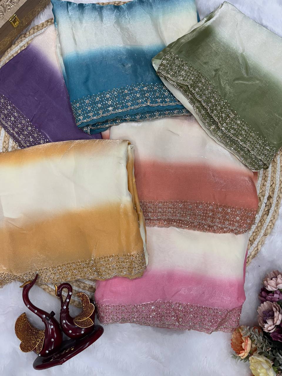 Premium Ombre Organza Saree with Handcrafted Crystal Border – Soft Gradient Party Wear Saree