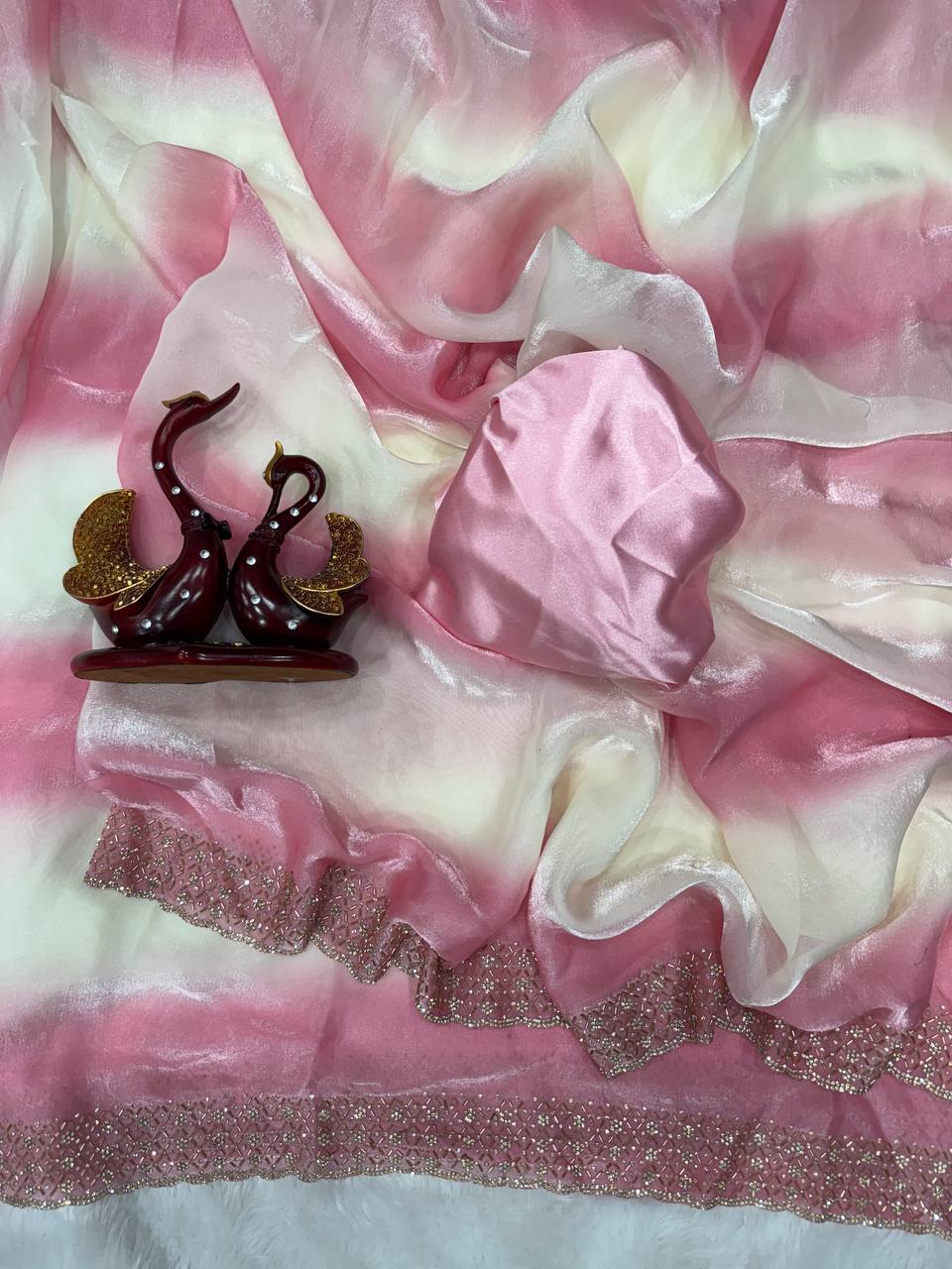 Premium Ombre Organza Saree with Handcrafted Crystal Border – Soft Gradient Party Wear Saree