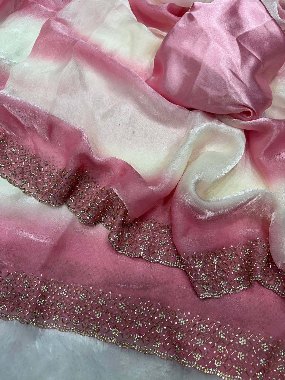 Premium Ombre Organza Saree with Handcrafted Crystal Border – Soft Gradient Party Wear Saree