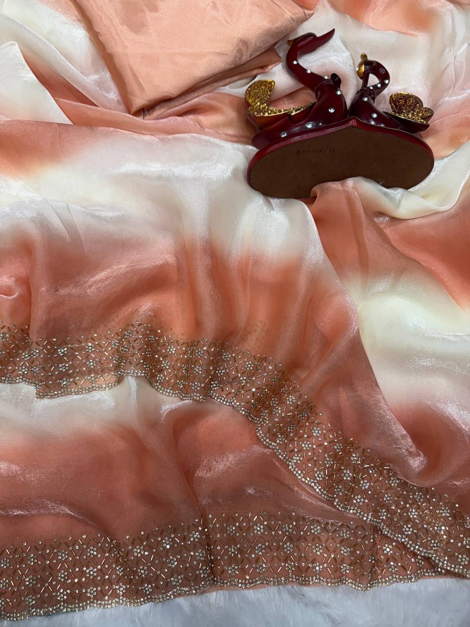 Premium Ombre Organza Saree with Handcrafted Crystal Border – Soft Gradient Party Wear Saree