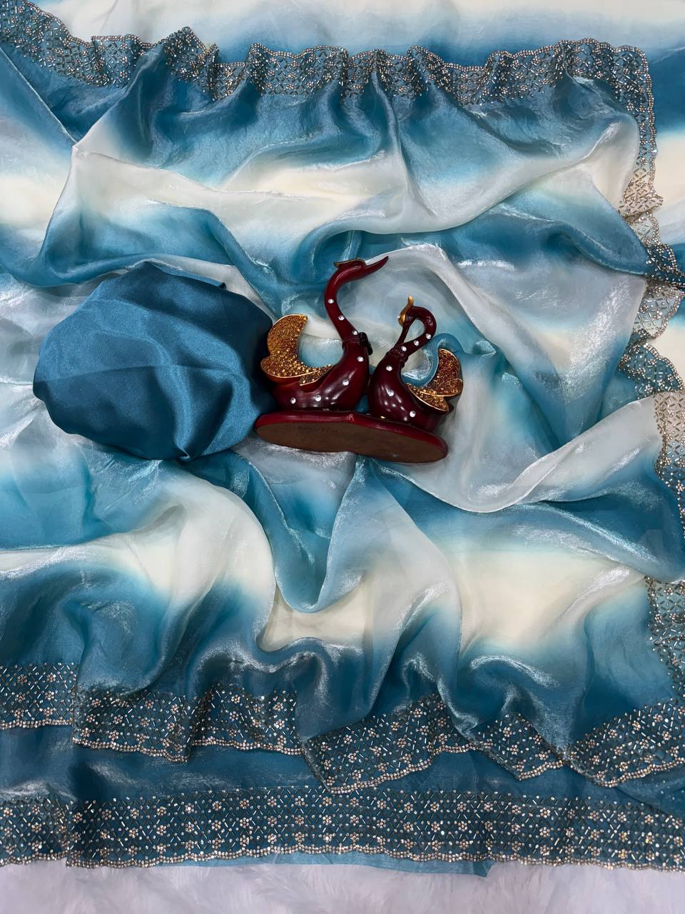 Premium Ombre Organza Saree with Handcrafted Crystal Border – Soft Gradient Party Wear Saree