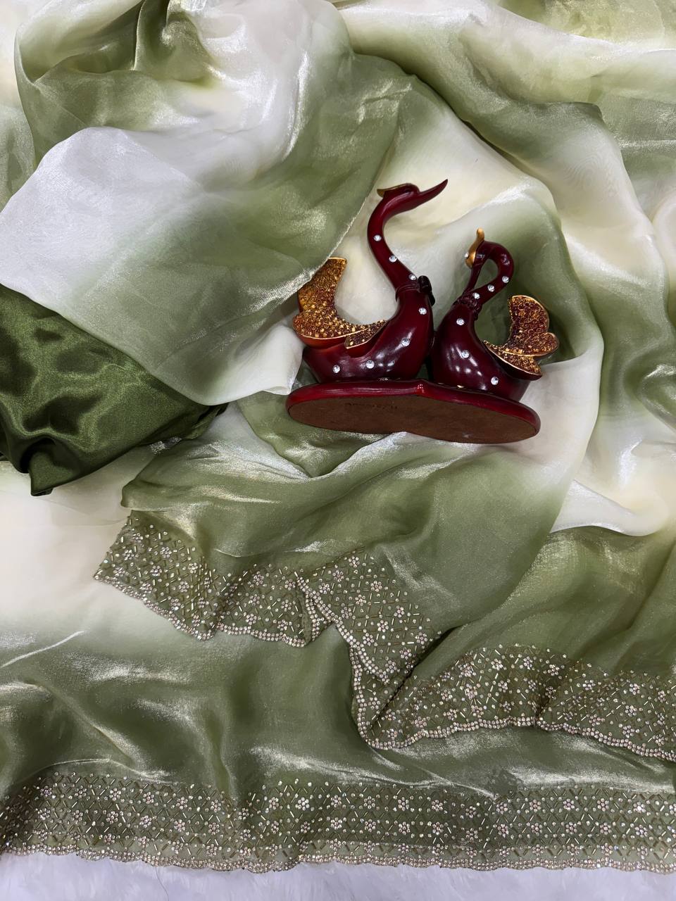 Premium Ombre Organza Saree with Handcrafted Crystal Border – Soft Gradient Party Wear Saree