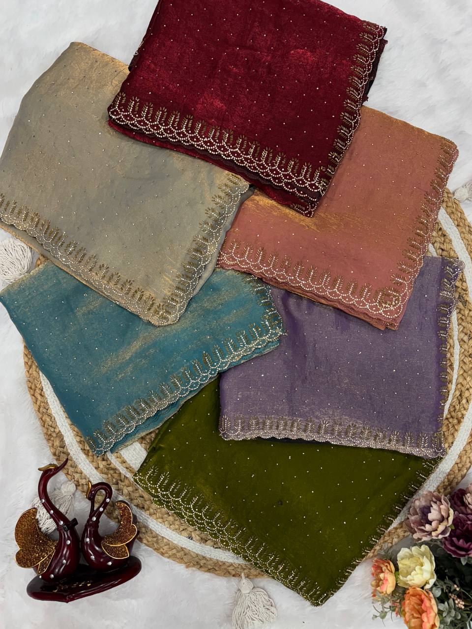 Premium Organza Saree with Pearl Butti & Embroidered Scalloped Border – 6 Color Options