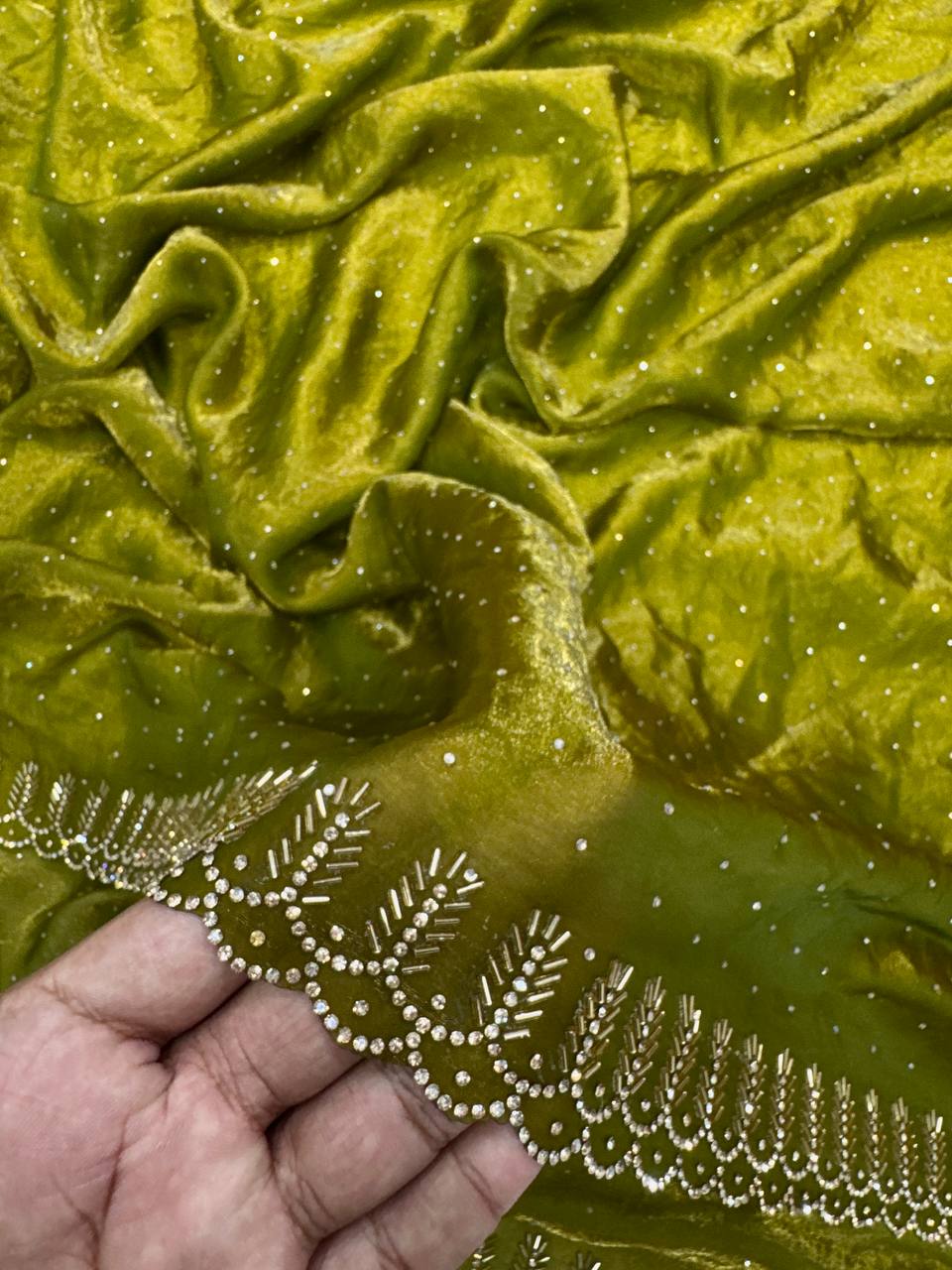 Premium Organza Saree with Pearl Butti & Embroidered Scalloped Border – 6 Color Options