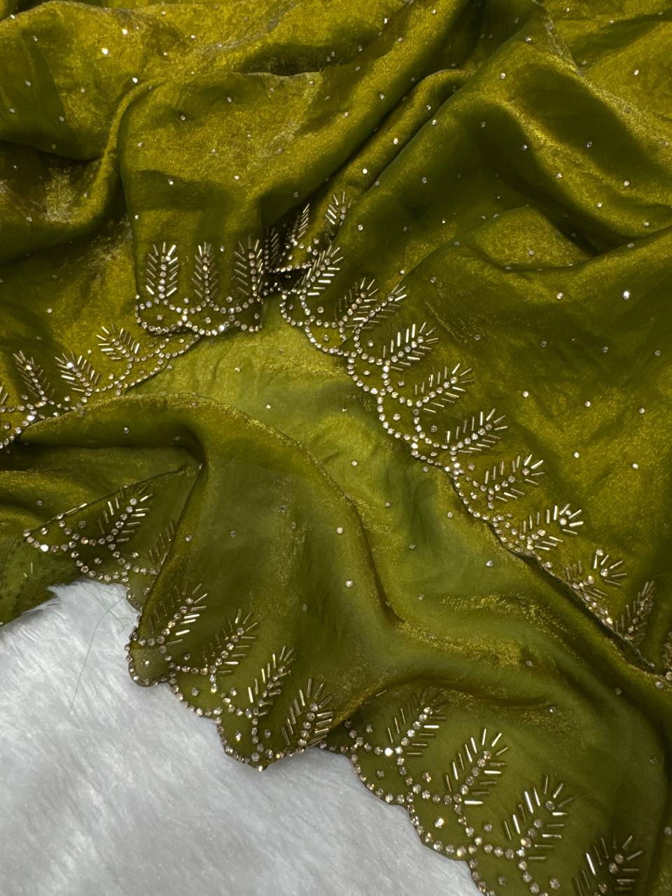 Premium Organza Saree with Pearl Butti & Embroidered Scalloped Border – 6 Color Options