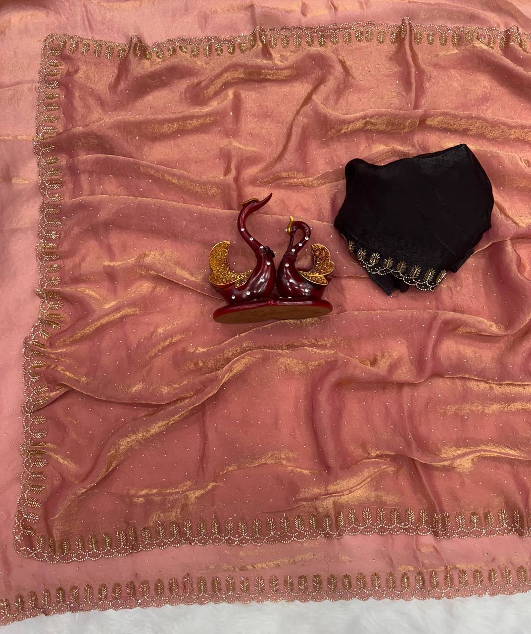 Premium Organza Saree with Pearl Butti & Embroidered Scalloped Border – 6 Color Options