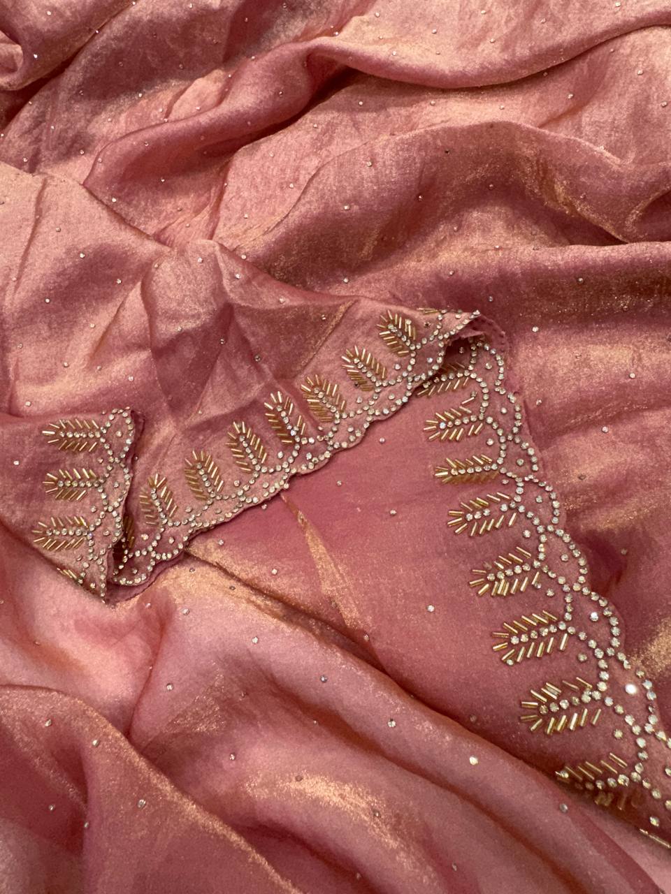 Premium Organza Saree with Pearl Butti & Embroidered Scalloped Border – 6 Color Options