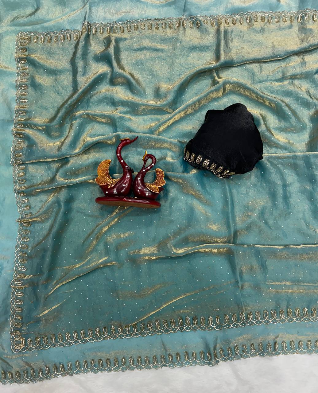 Premium Organza Saree with Pearl Butti & Embroidered Scalloped Border – 6 Color Options