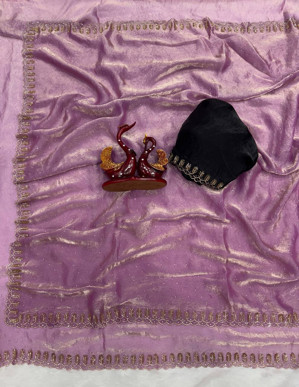 Premium Organza Saree with Pearl Butti & Embroidered Scalloped Border – 6 Color Options