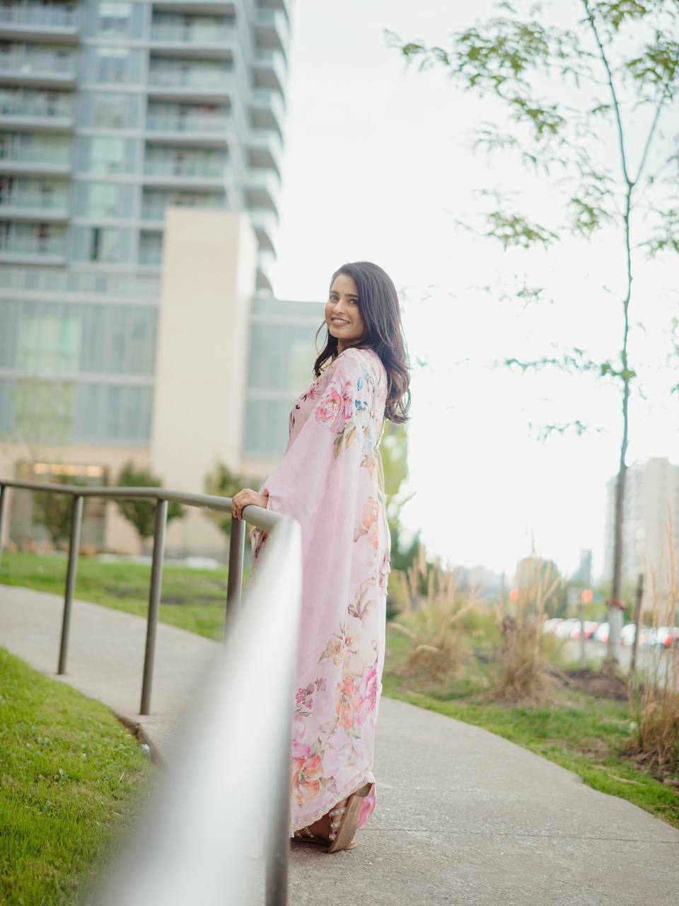 Pastel Pink Floral Organza Saree with Pearl Scalloped Border & Designer Blouse