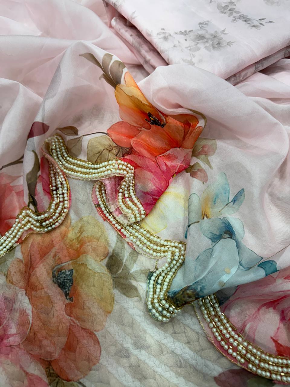 Pastel Pink Floral Organza Saree with Pearl Scalloped Border & Designer Blouse