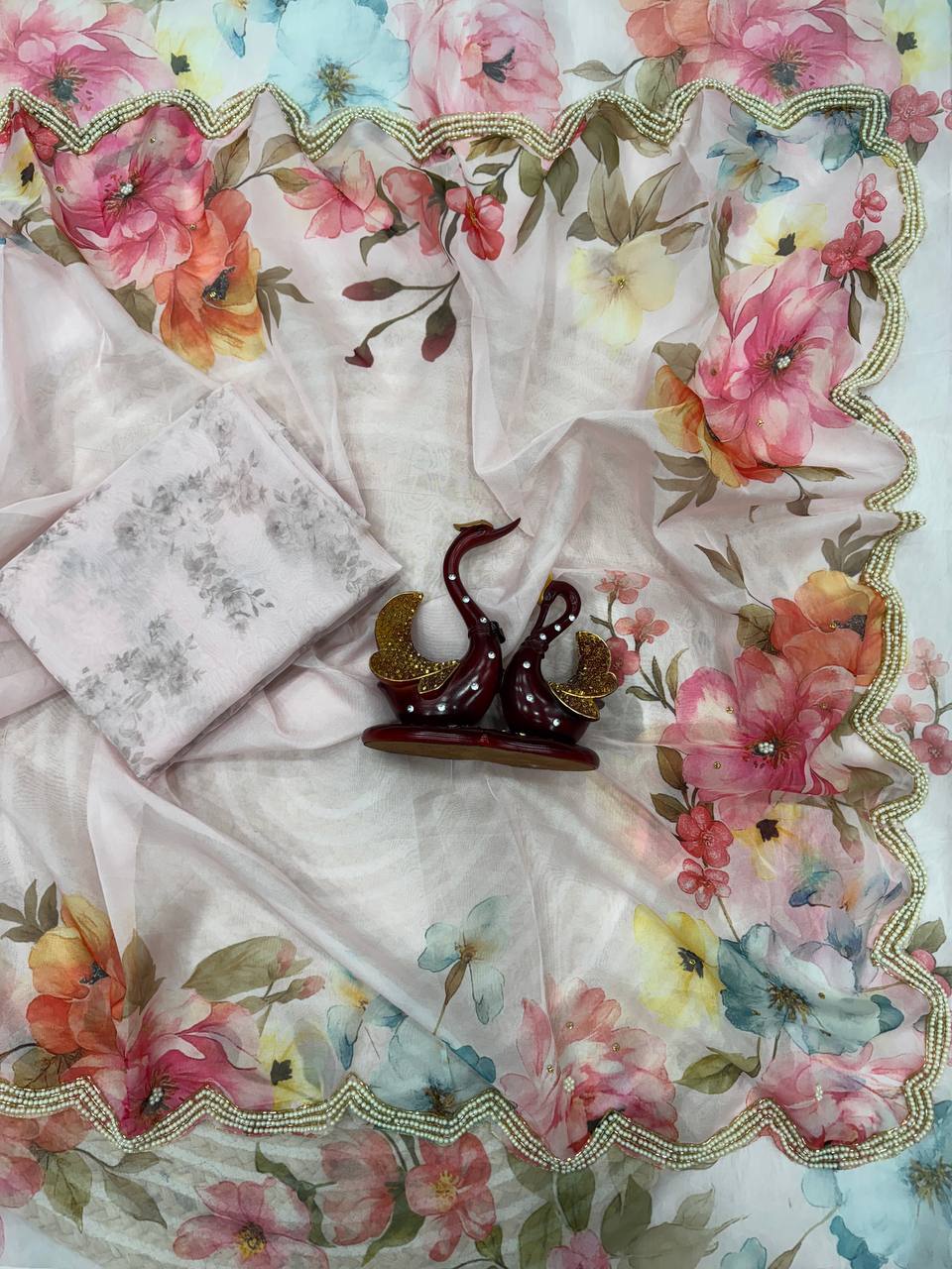 Pastel Pink Floral Organza Saree with Pearl Scalloped Border & Designer Blouse
