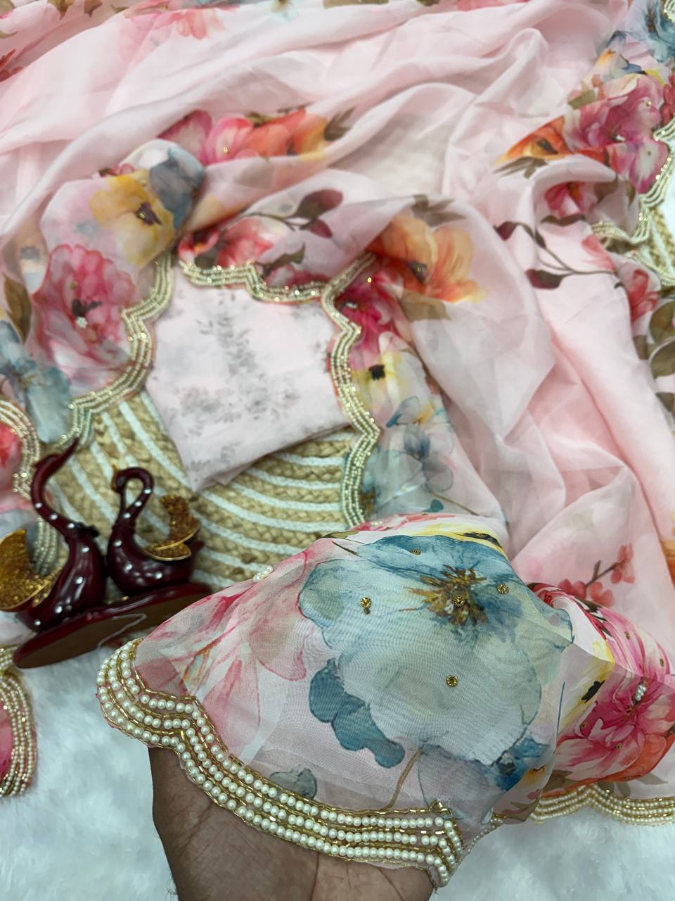 Pastel Pink Floral Organza Saree with Pearl Scalloped Border & Designer Blouse