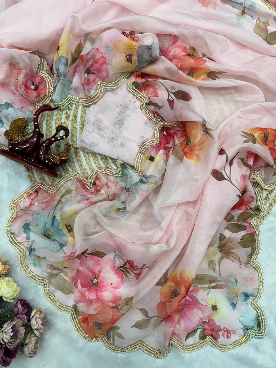 Pastel Pink Floral Organza Saree with Pearl Scalloped Border & Designer Blouse