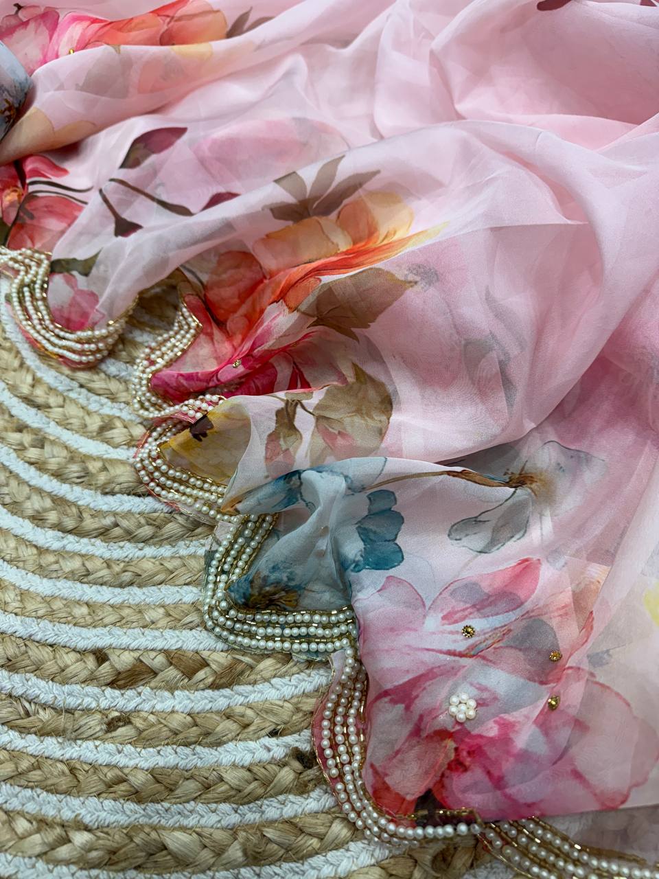 Pastel Pink Floral Organza Saree with Pearl Scalloped Border & Designer Blouse