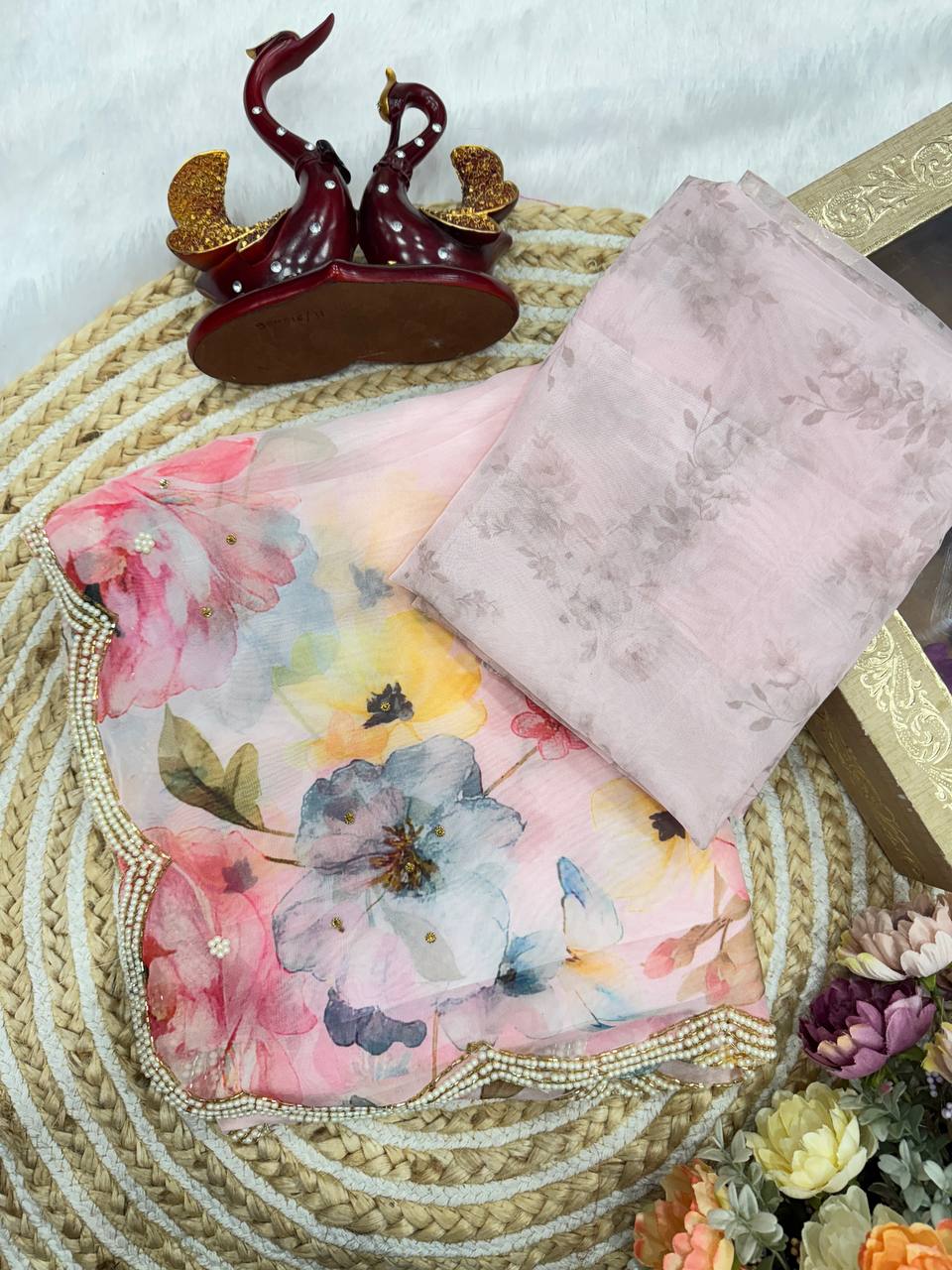 Pastel Pink Floral Organza Saree with Pearl Scalloped Border & Designer Blouse