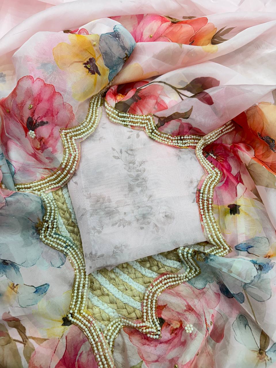 Pastel Pink Floral Organza Saree with Pearl Scalloped Border & Designer Blouse