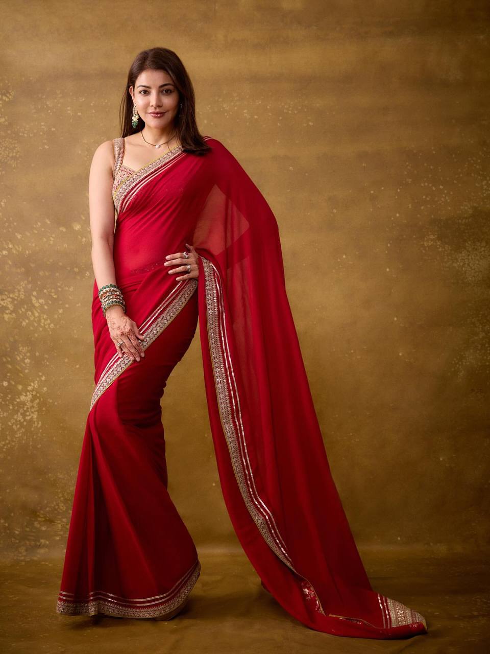 Red Silk Saree with Heavy Gold Embroidered Border & Designer Blouse