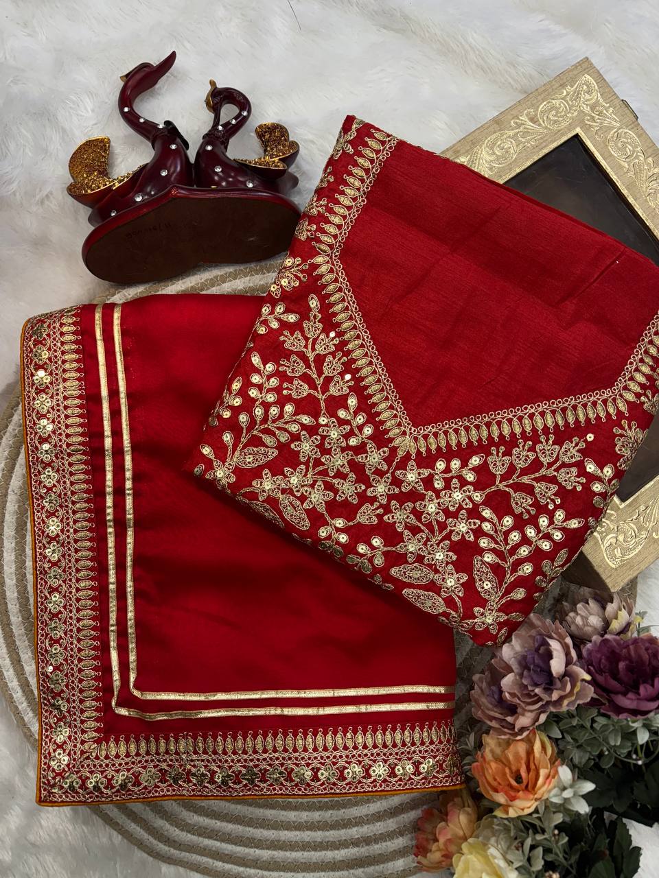 Red Silk Saree with Heavy Gold Embroidered Border & Designer Blouse