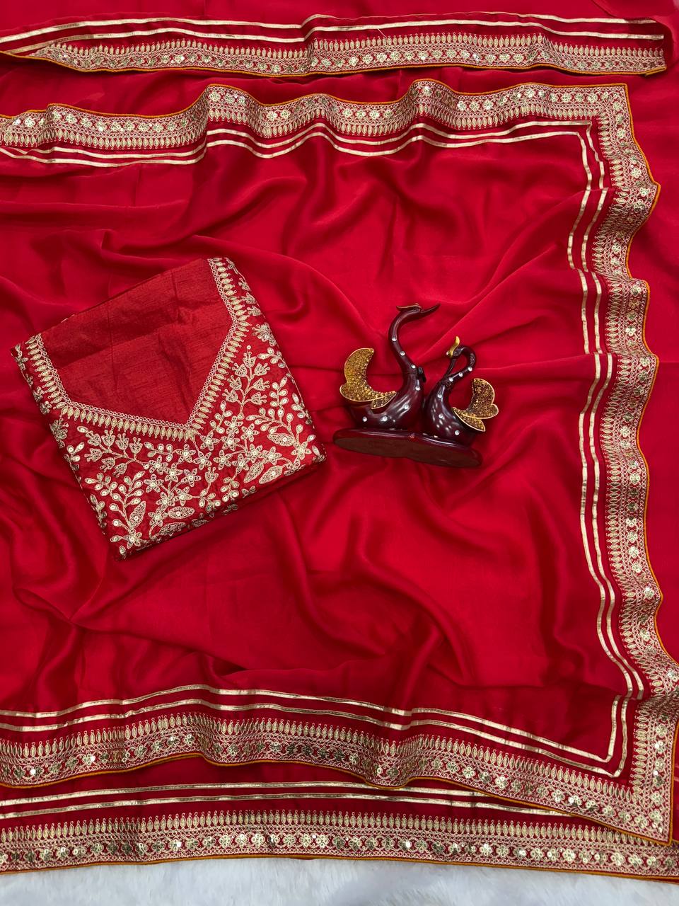 Red Silk Saree with Heavy Gold Embroidered Border & Designer Blouse