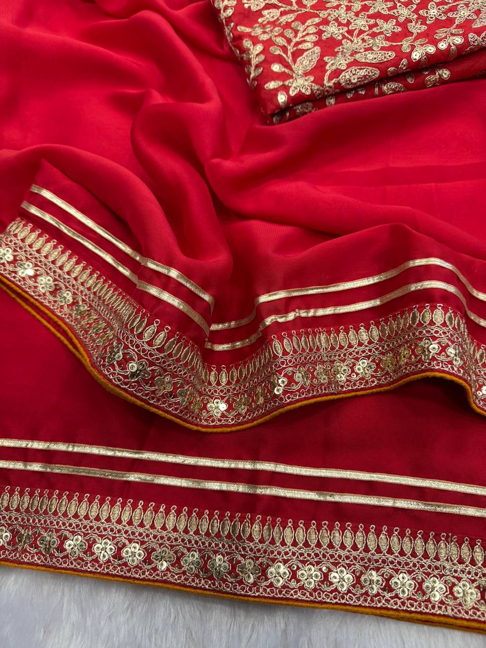 Red Silk Saree with Heavy Gold Embroidered Border & Designer Blouse