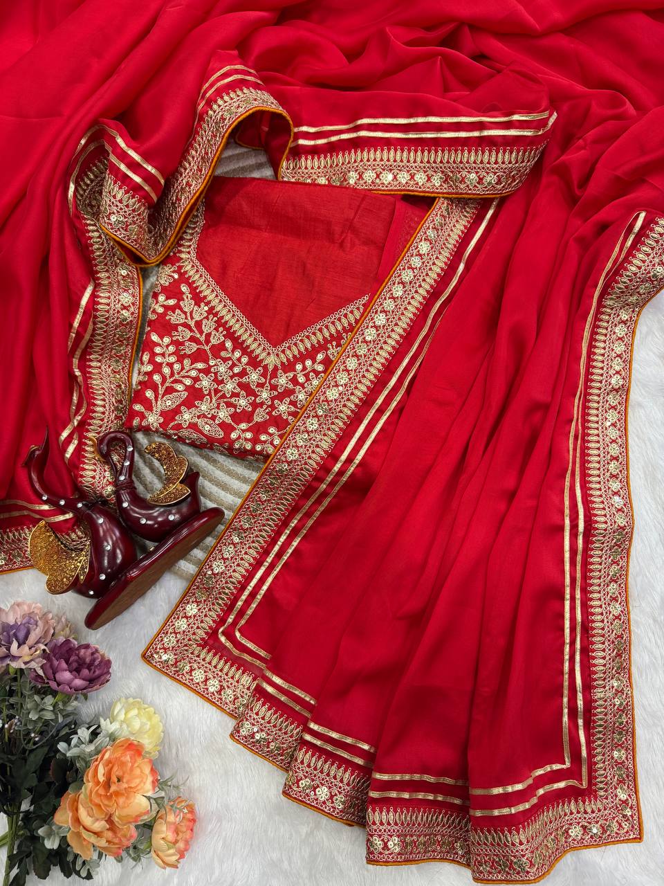 Red Silk Saree with Heavy Gold Embroidered Border & Designer Blouse