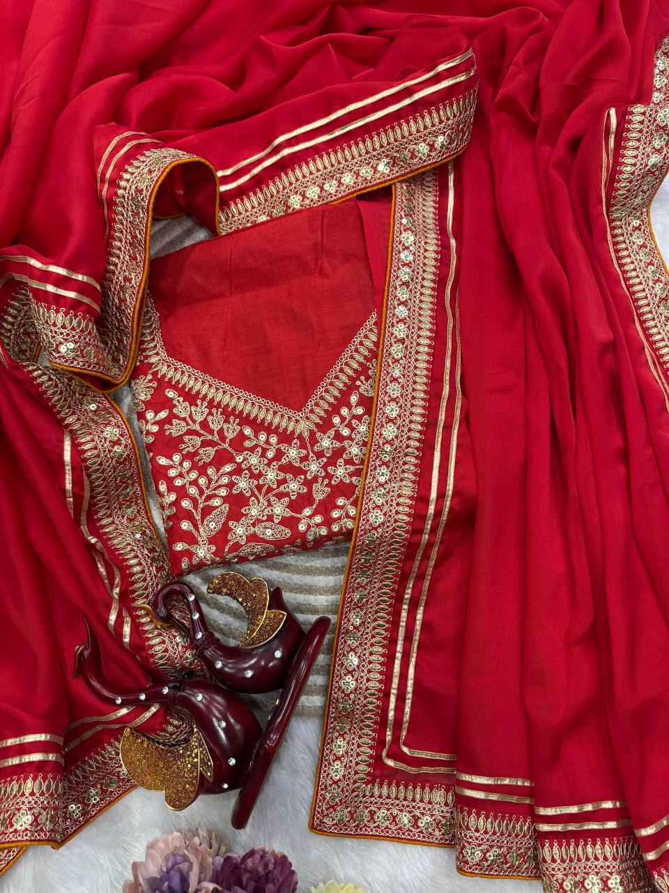 Red Silk Saree with Heavy Gold Embroidered Border & Designer Blouse