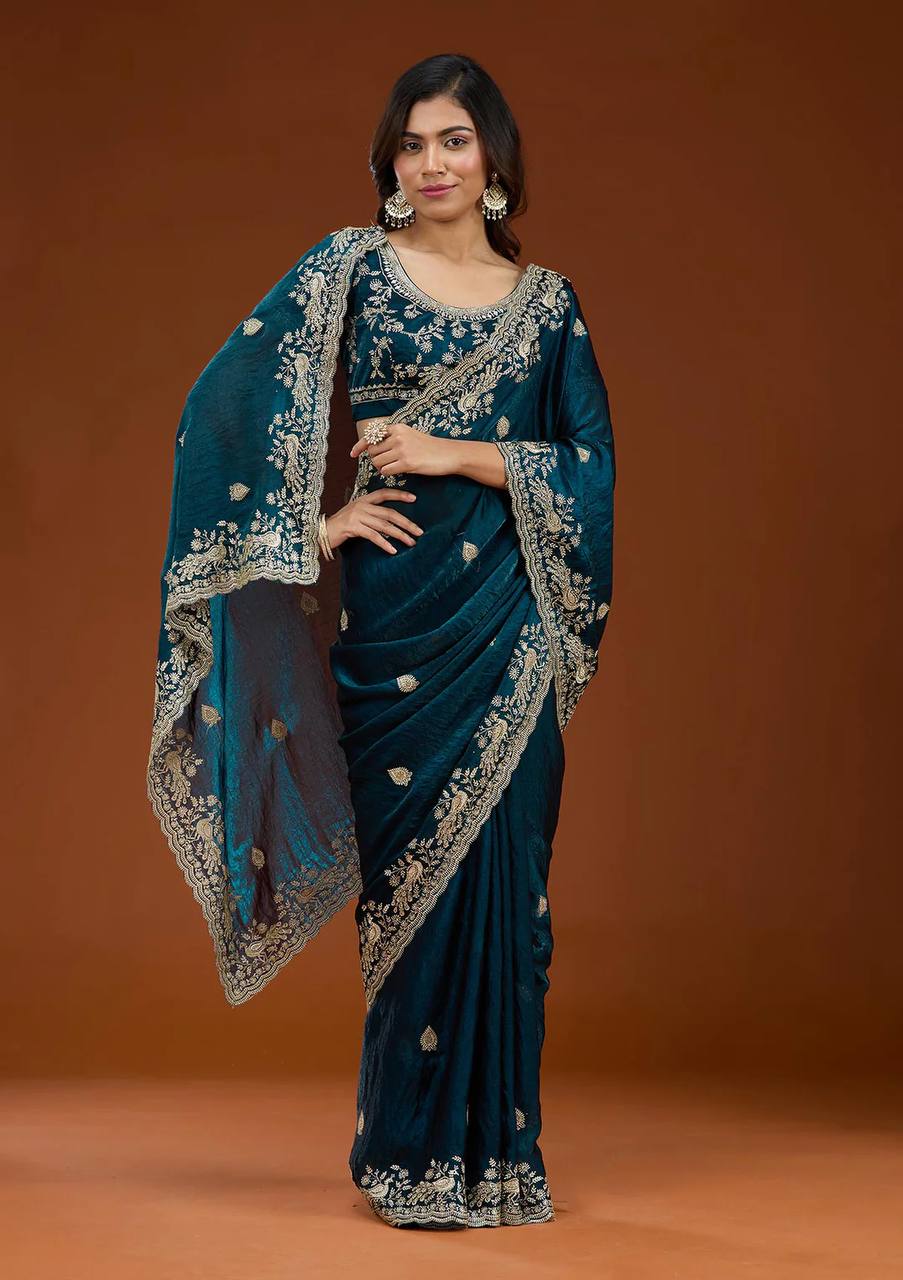Teal Blue Organza Silk Saree with Heavy Silver Embroidered Border & Designer Blouse