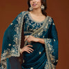 Teal Blue Organza Silk Saree with Heavy Silver Embroidered Border & Designer Blouse
