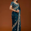Teal Blue Organza Silk Saree with Heavy Silver Embroidered Border & Designer Blouse