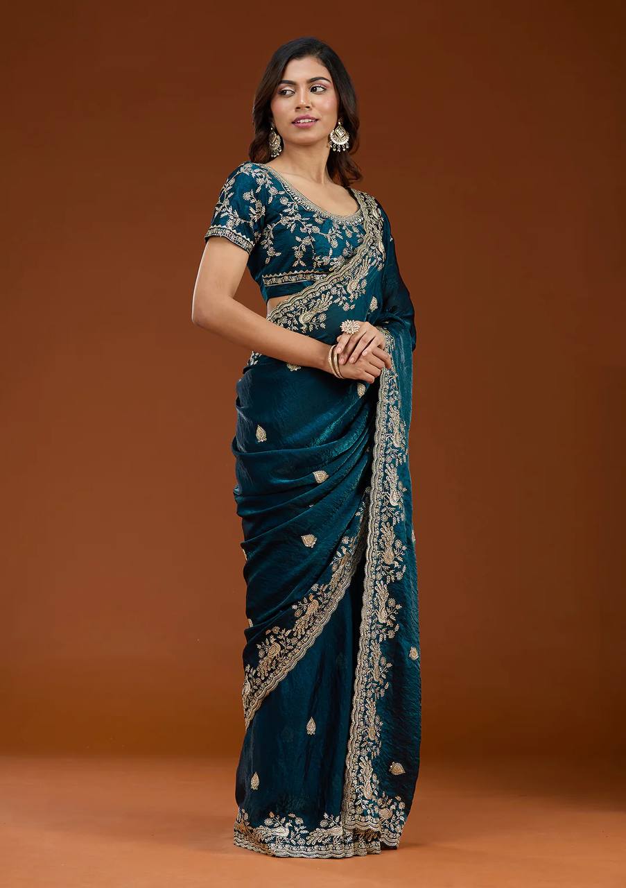 Teal Blue Organza Silk Saree with Heavy Silver Embroidered Border & Designer Blouse