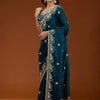 Teal Blue Organza Silk Saree with Heavy Silver Embroidered Border & Designer Blouse