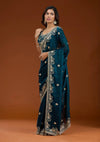 Teal Blue Organza Silk Saree with Heavy Silver Embroidered Border & Designer Blouse