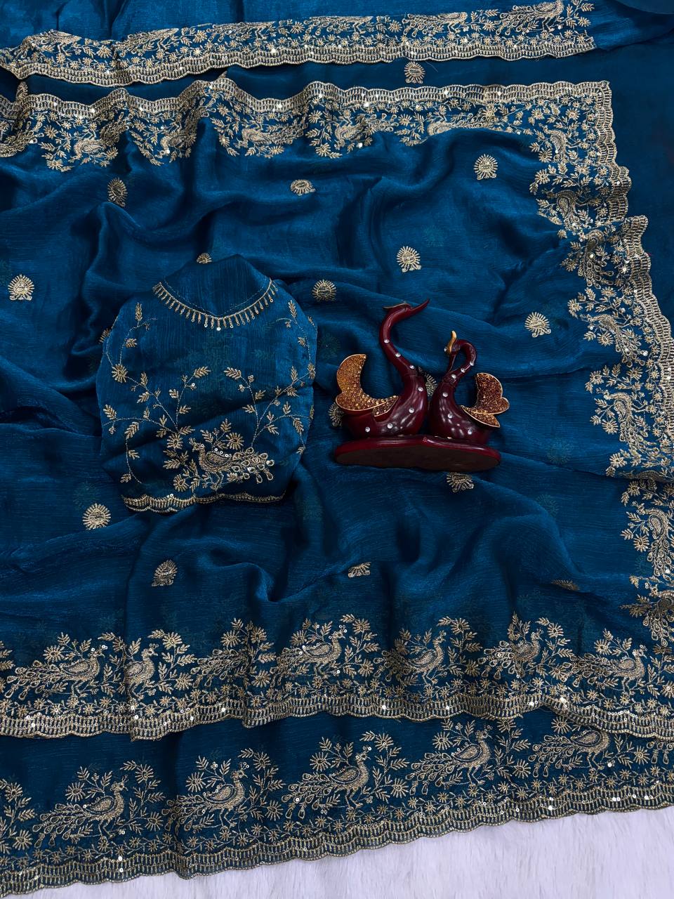 Teal Blue Organza Silk Saree with Heavy Silver Embroidered Border & Designer Blouse